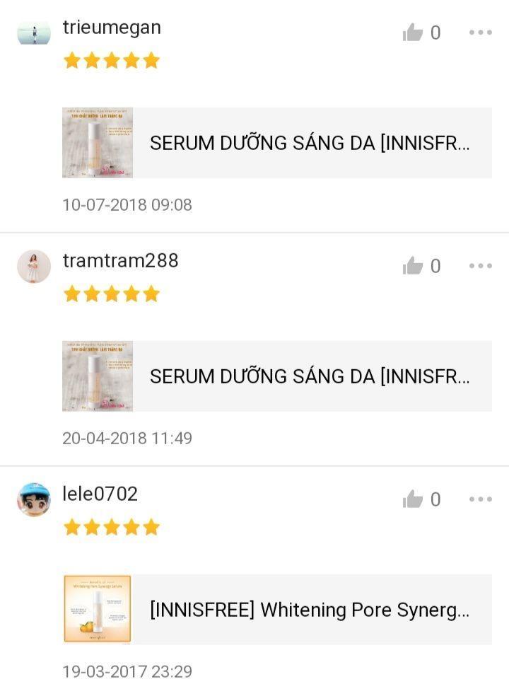 Phản hồi của khách hàng sau khi sử dụng Serum Whitening Pore Synergy Innisfree 